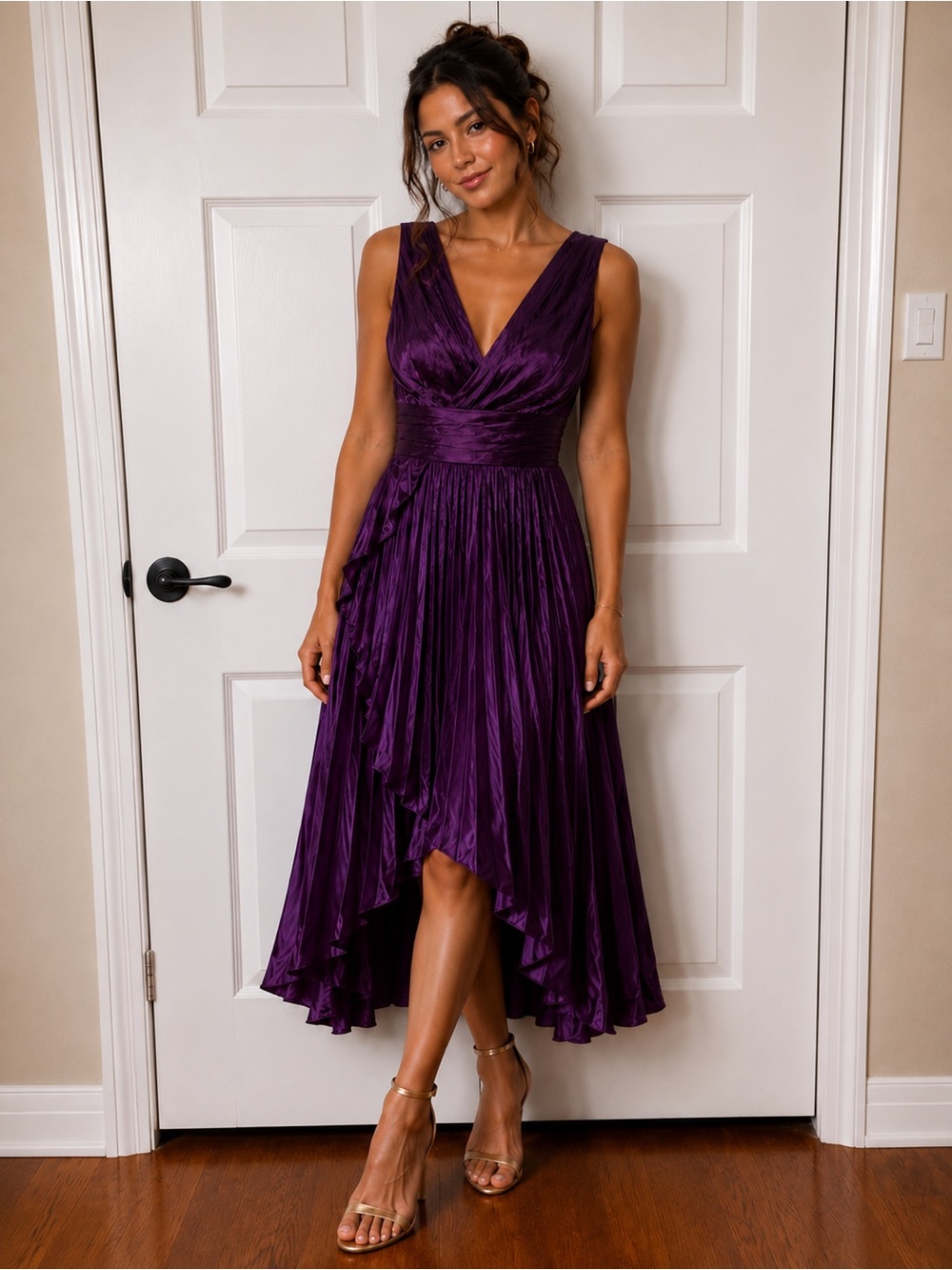 Elegant Purple V-Neck Pleated Evening Dress